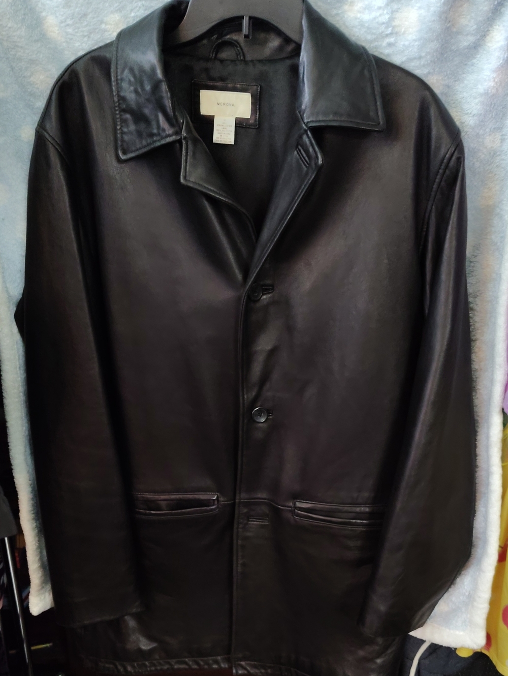Merona Black Leather Trench Coat with Button Front